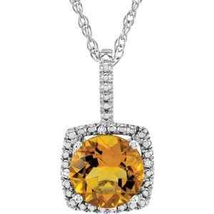 Sterling Silver November Birthstone 7mm Citrine and .015 CTW Diamond Halo Necklace