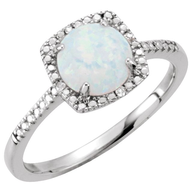 Sterling Silver .01 CTW Diamond Halo Birthstone Ring October Birthstone Lab Created Opal