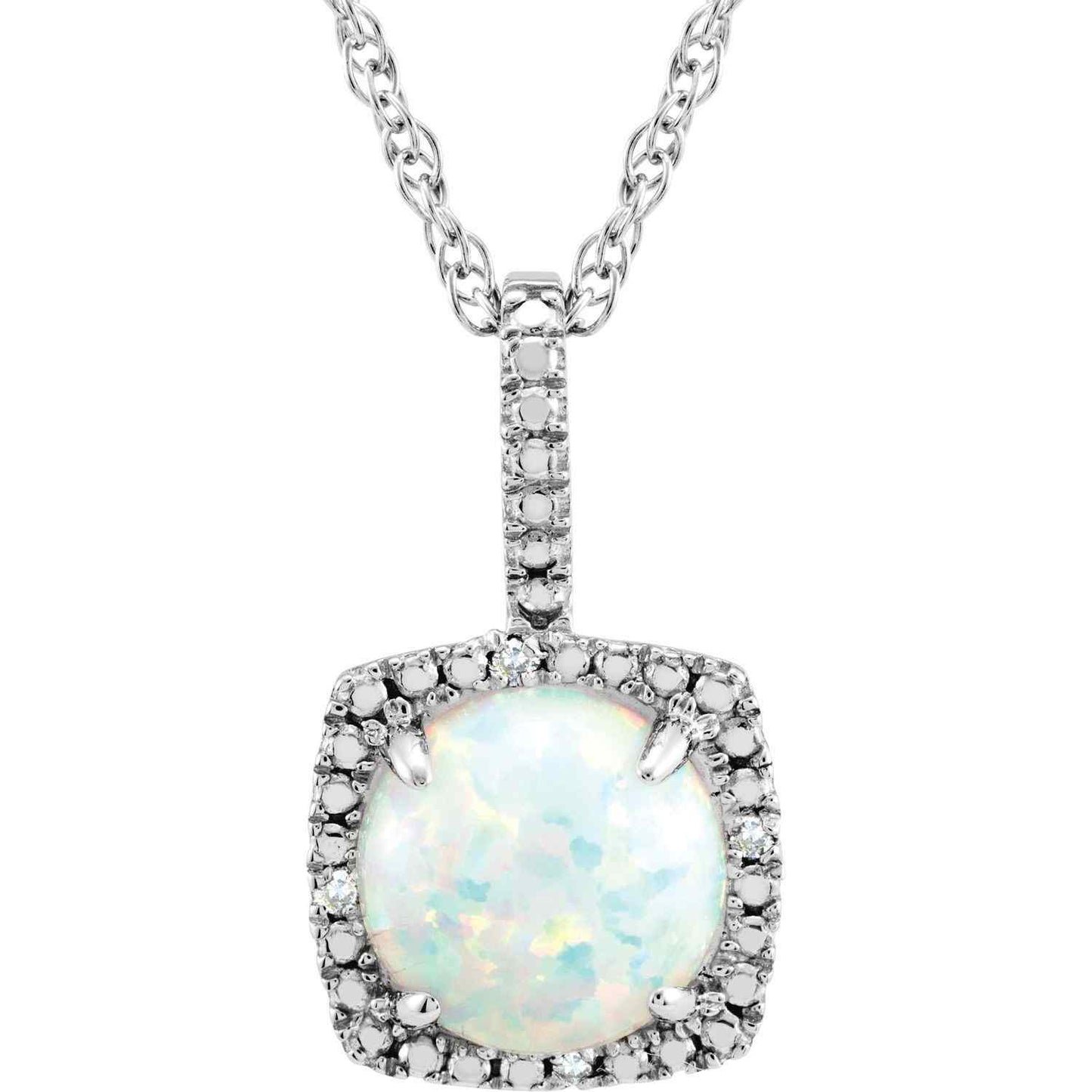 Sterling Silver October Birthstone 7mm Lab Created Opal and .015 CTW Diamond Halo Necklace