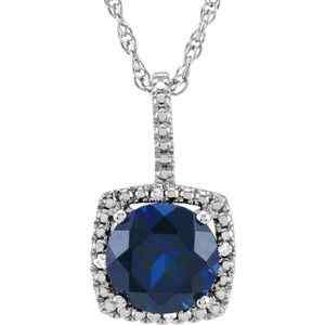 Sterling Silver September Birthstone 7mm Lab Created Blue Sapphire and .015 CTW Diamond Halo Necklace