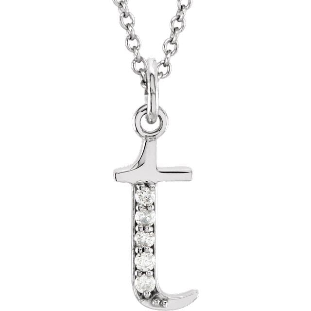 Lower Case Initial Necklace with Diamonds 14k Solid White Gold Letter t