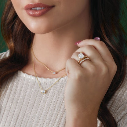 Tori 14k Gold Gemstone Necklace Shown in White Sapphire and Worn Below a Smaller Diamond Baguette Necklace