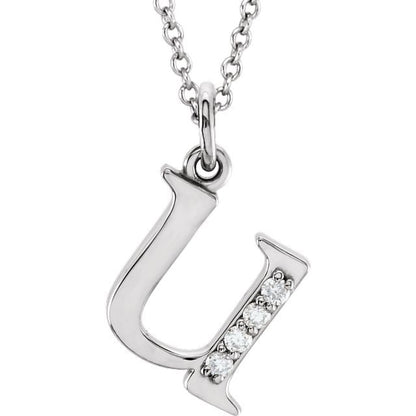 Lower Case Initial Necklace with Diamonds 14k Solid White Gold Letter u