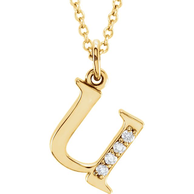 Lower Case Initial Necklace with Diamonds 14k Solid Yellow Gold Letter u