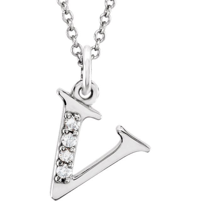 Lower Case Initial Necklace with Diamonds 14k Solid White Gold Letter v