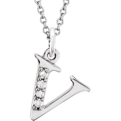 Lower Case Initial Necklace with Diamonds 14k Solid White Gold Letter v