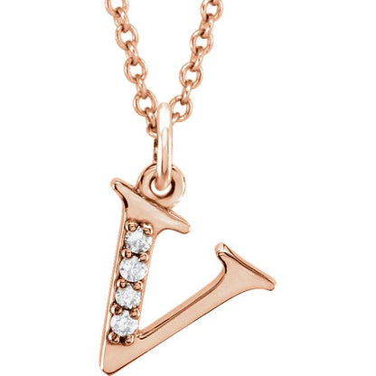 Lower Case Initial Necklace with Diamonds 14k Solid Rose Gold Letter v
