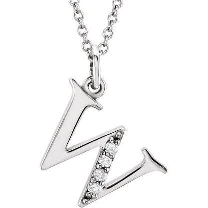Lower Case Initial Necklace with Diamonds 14k Solid White Gold Letter w