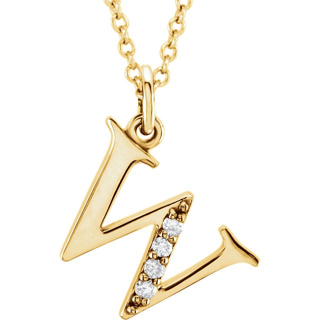 Lower Case Initial Necklace with Diamonds 14k Solid Yellow Gold Letter w