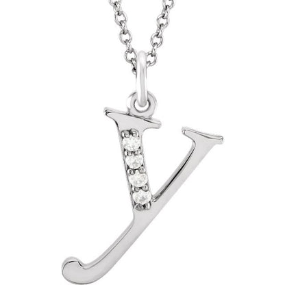 Lower Case Initial Necklace with Diamonds 14k Solid White Gold Letter y