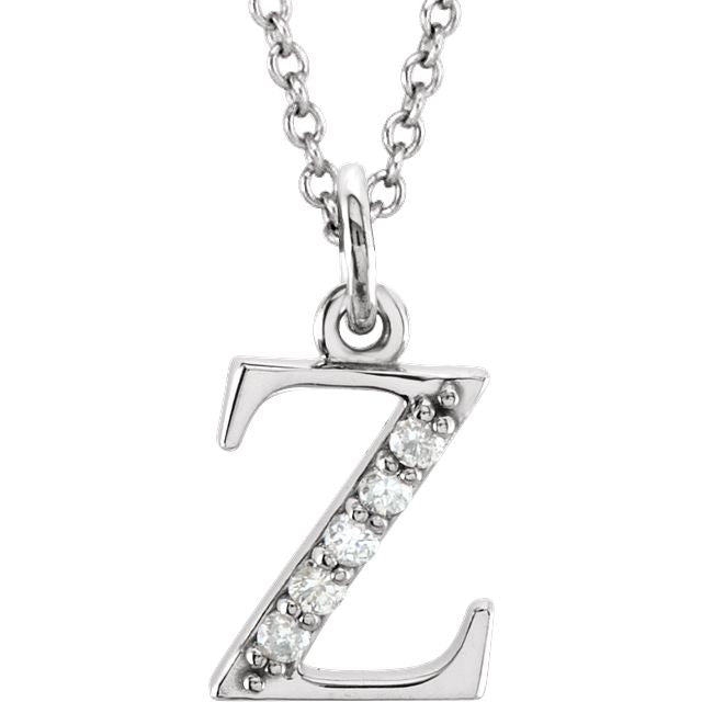 Lower Case Initial Necklace with Diamonds 14k Solid White Gold Letter z