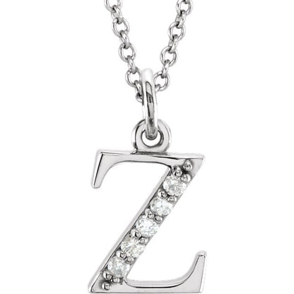 Lower Case Initial Necklace with Diamonds 14k Solid White Gold Letter z